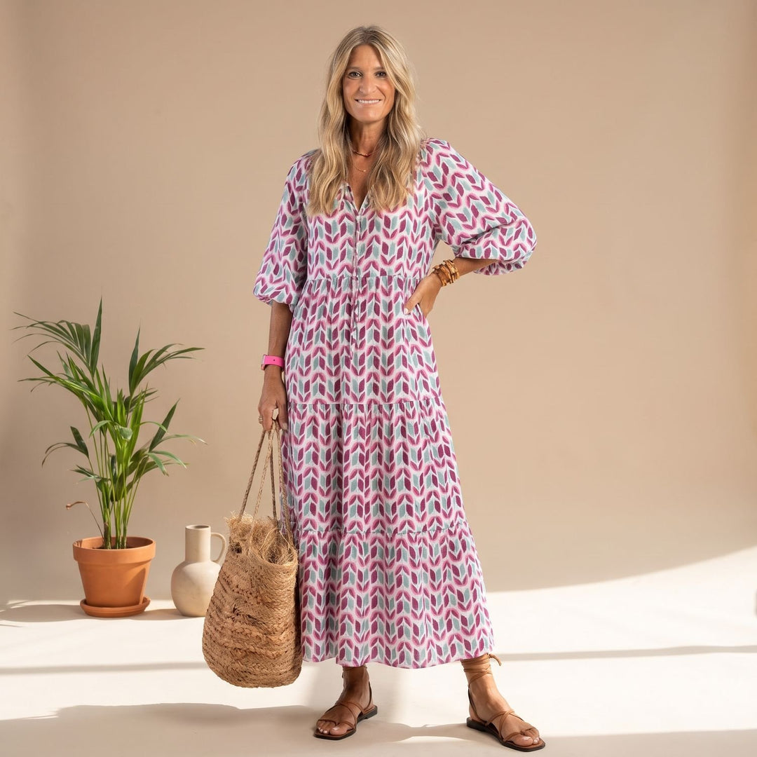 Women's Geometric Print Tiered Maxi Long Sleeve Dress - Rose Gold