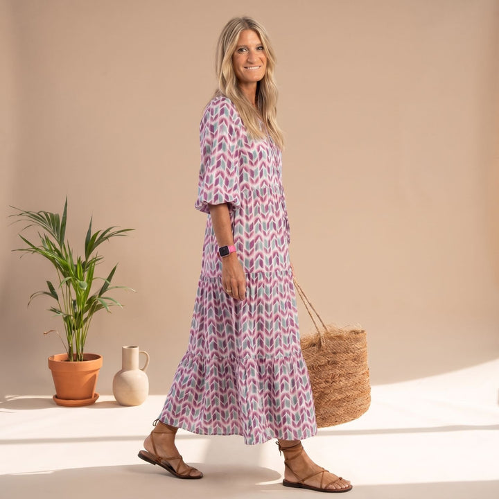 Women's Geometric Print Tiered Maxi Long Sleeve Dress