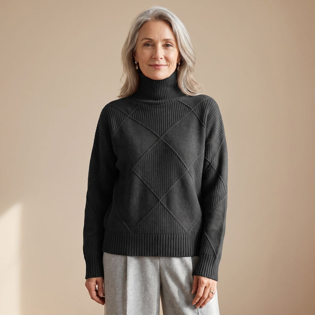 Women's Geometric Turtleneck Knit Pullover Sweater - Black