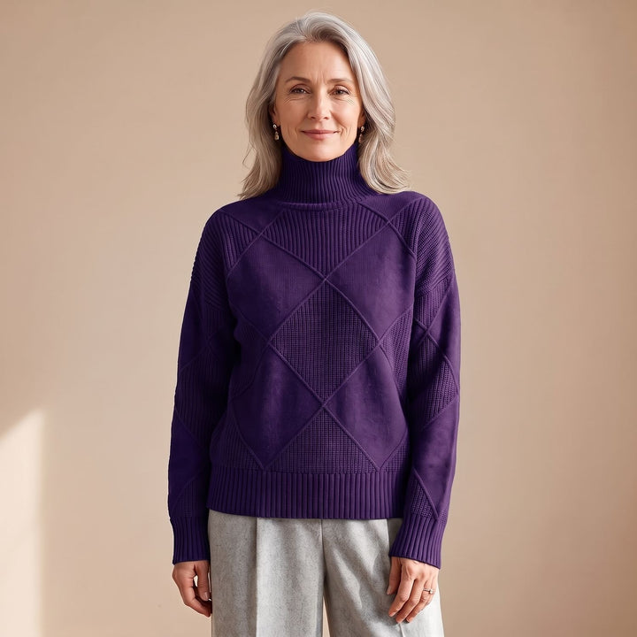 Women's Geometric Turtleneck Knit Pullover Sweater - Purple