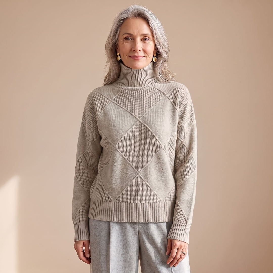 Women's Geometric Turtleneck Knit Pullover Sweater - Khaki