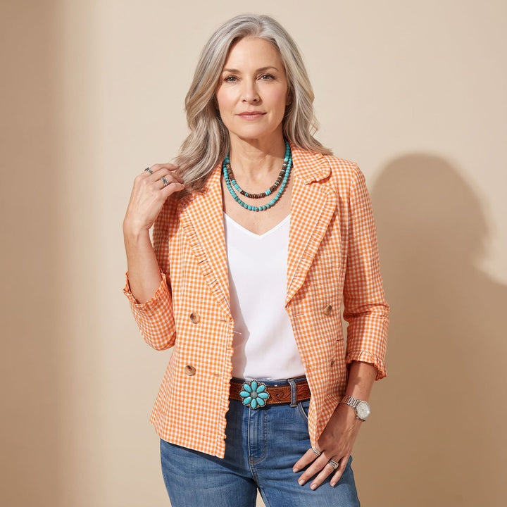 Women's Gingham Ruffle-Trim Double-Button Long-Sleeve Jacket - Orange