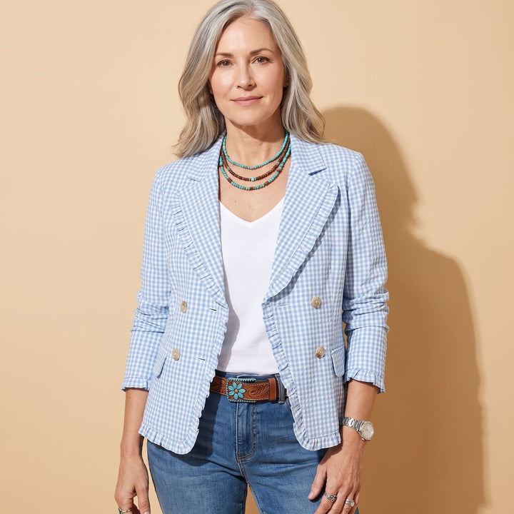 Women's Gingham Ruffle-Trim Double-Button Long-Sleeve Jacket
