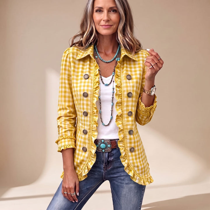 Women's Gingham Ruffle-Trim Double-Button Long-Sleeve Jacket - Yellow