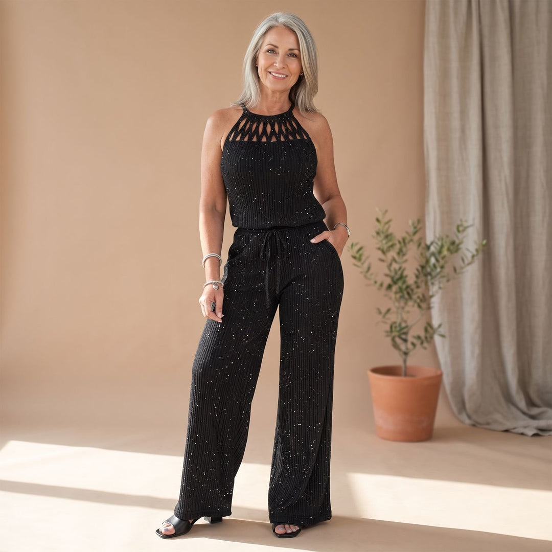 Women's Glitter Halter Wide-Leg Jumpsuit