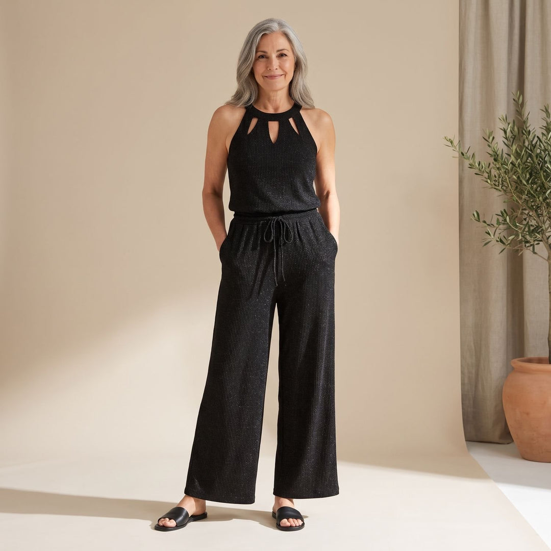 Women's Glitter Halter Wide-Leg Jumpsuit