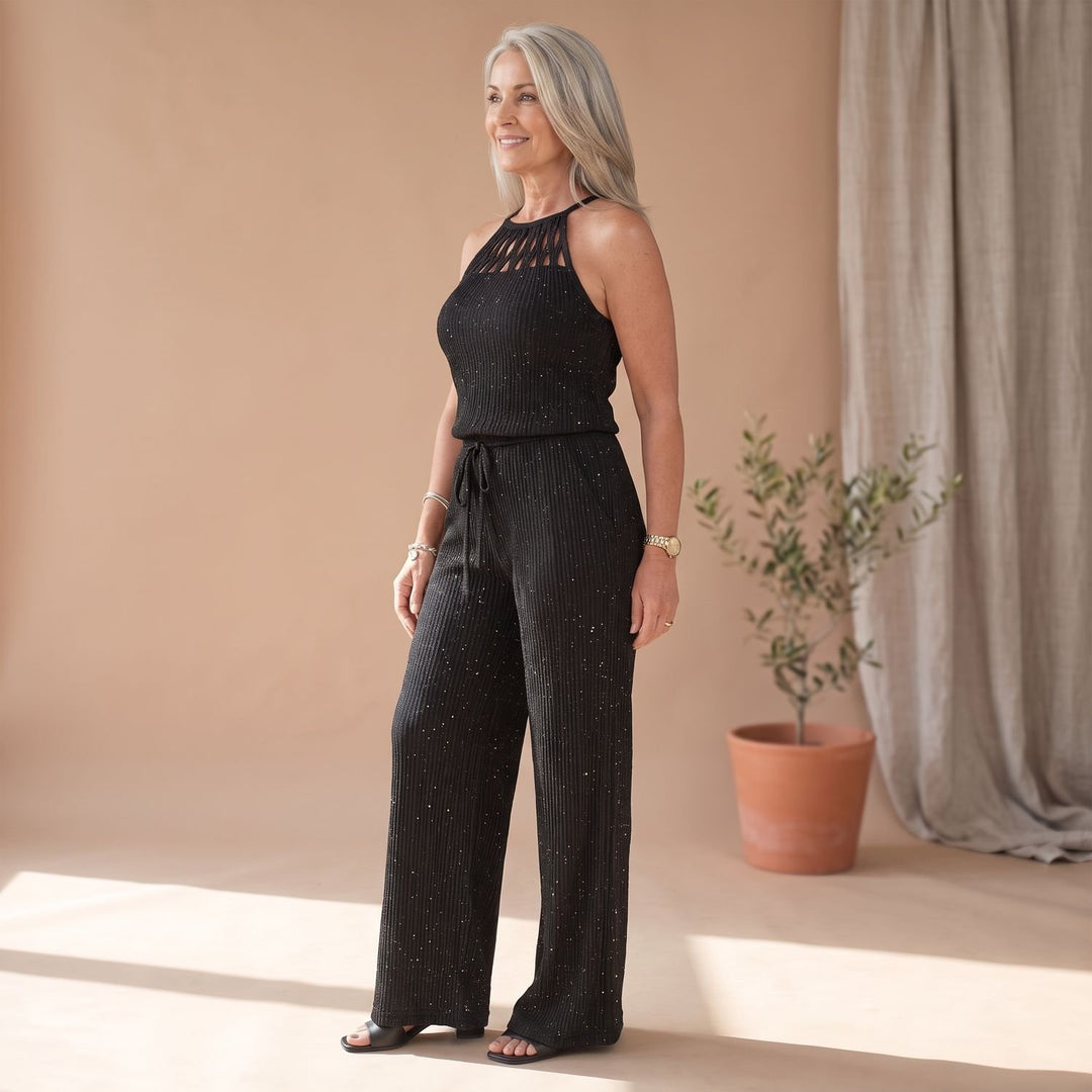 Women's Glitter Halter Wide-Leg Jumpsuit