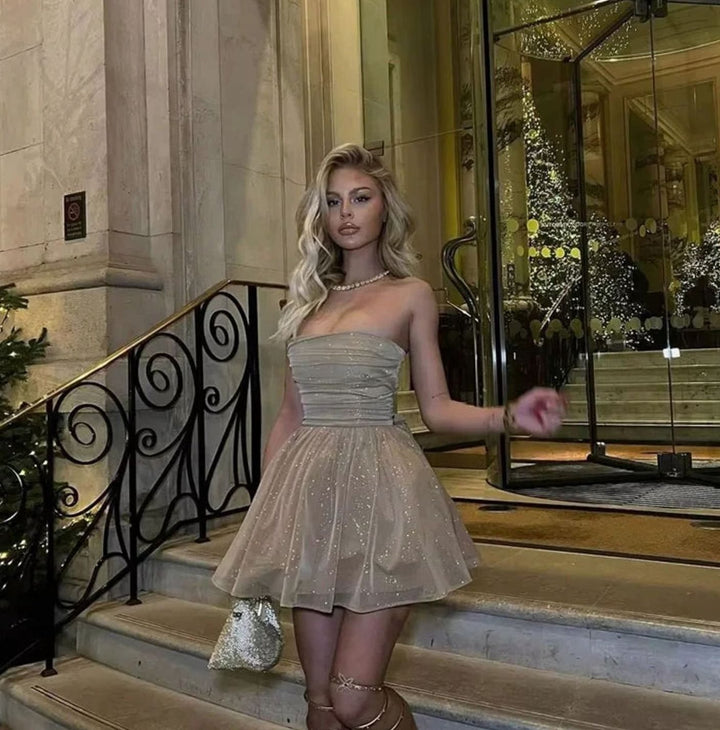 Women's Glitter Pleated Strapless Bustier Mini Dress