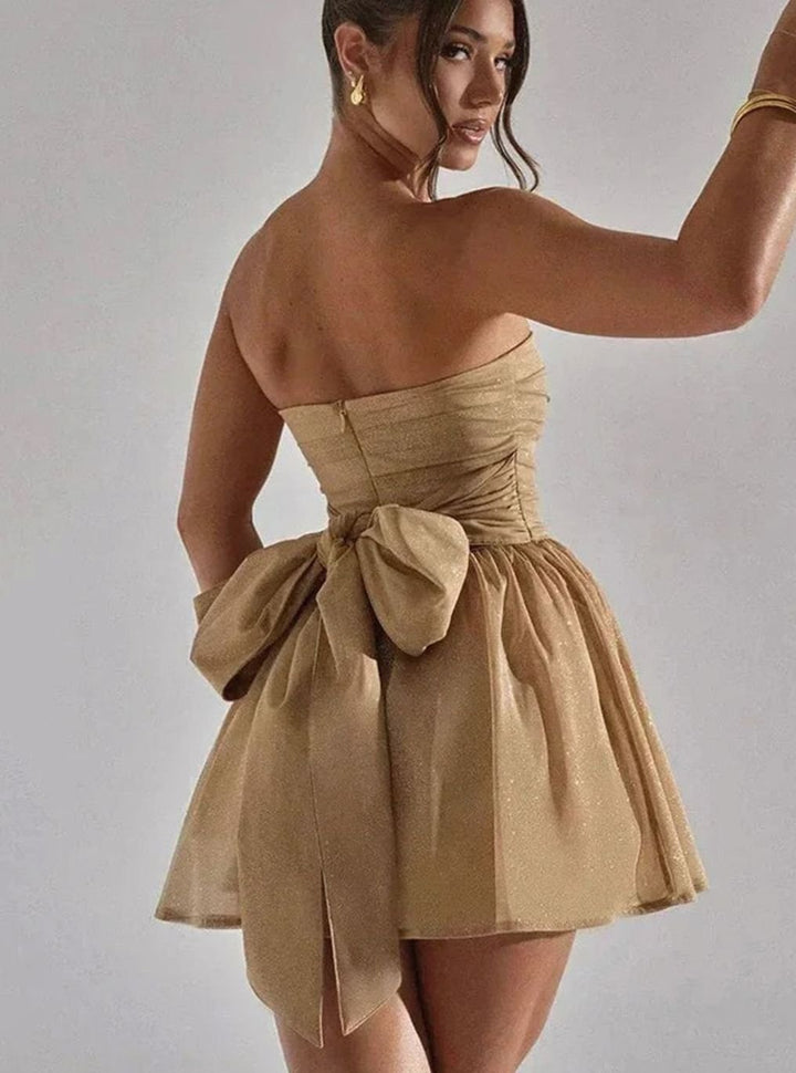 Women's Glitter Pleated Strapless Bustier Mini Dress - Gold