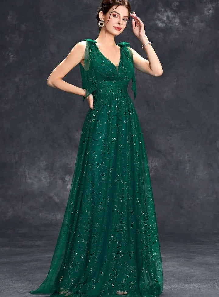 Women's Glitter Sequin V-Neck Sleeveless Long Formal Dress