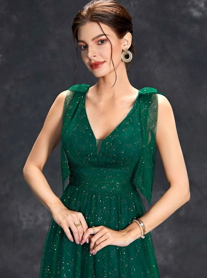 Women's Glitter Sequin V-Neck Sleeveless Long Formal Dress