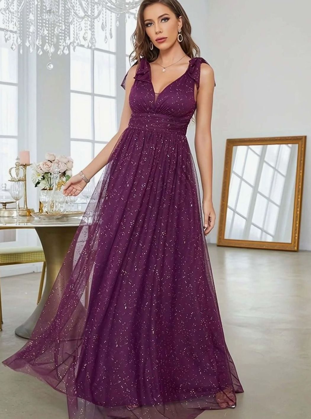 Women's Glitter Sequin V-Neck Sleeveless Long Formal Dress - Purple