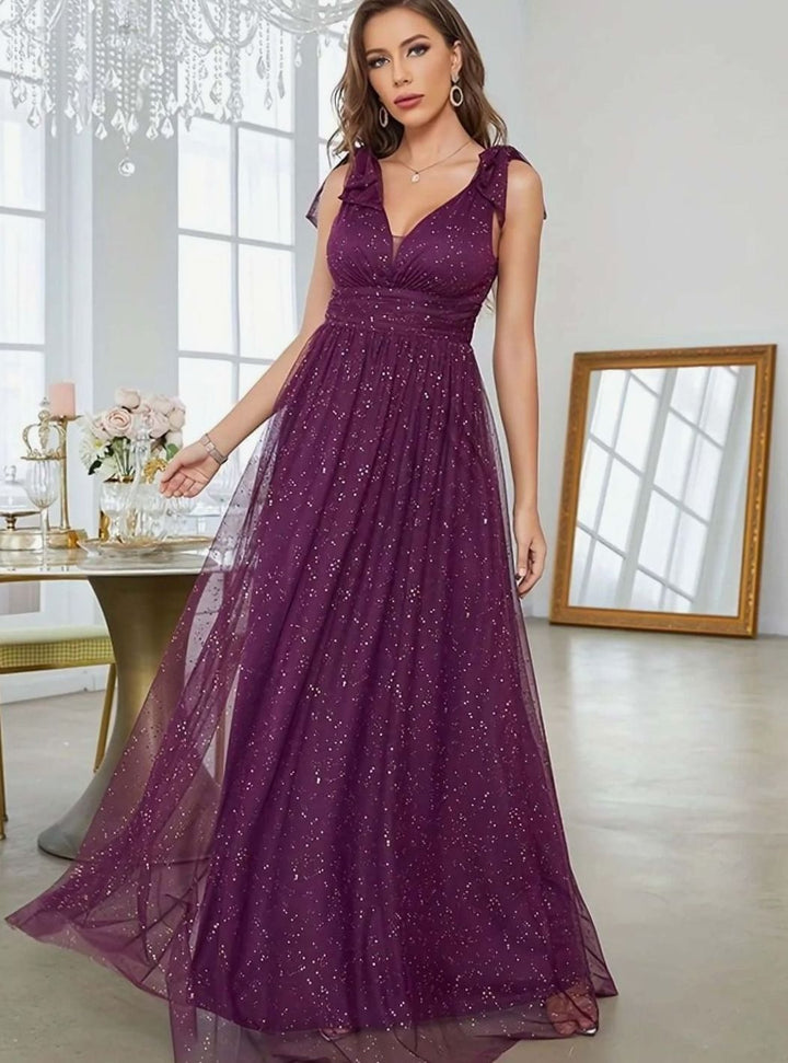 Women's Glitter Sequin V-Neck Sleeveless Long Formal Dress - Purple