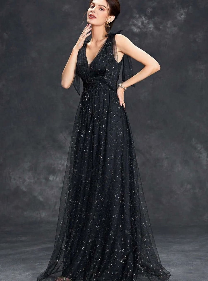 Women's Glitter Sequin V-Neck Sleeveless Long Formal Dress - Black