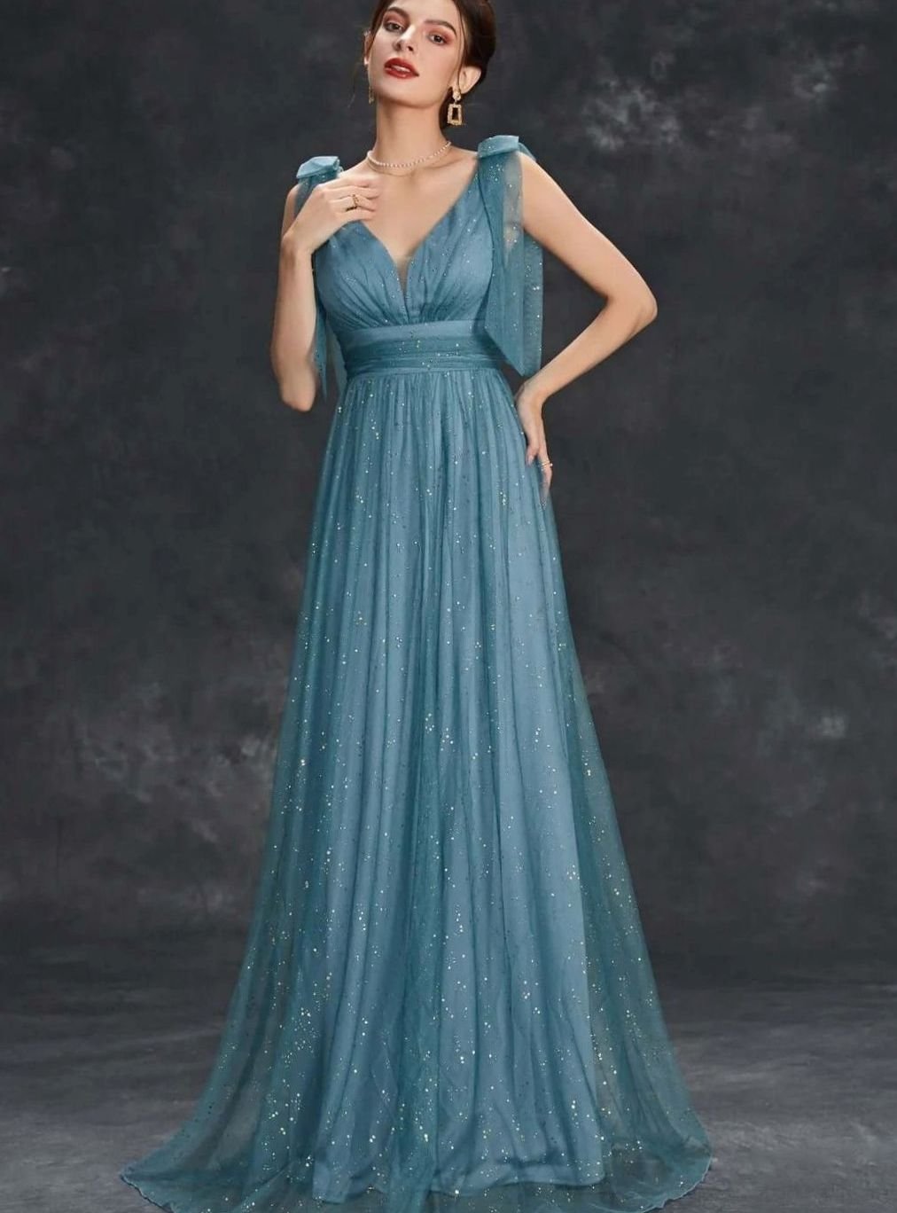 Women's Glitter Sequin V-Neck Sleeveless Long Formal Dress - Light Blue