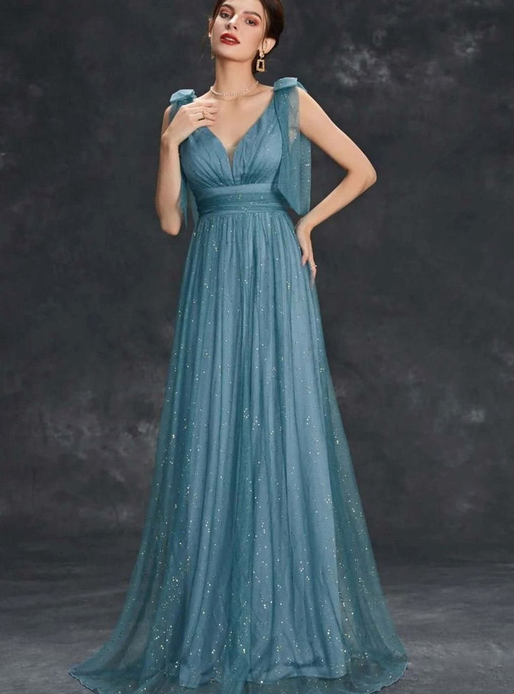Women's Glitter Sequin V-Neck Sleeveless Long Formal Dress - Light Blue