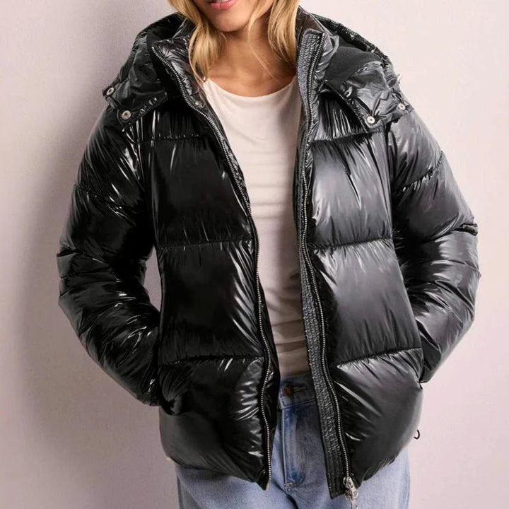 Women's Glossy Hooded Quilted Puffer Jacket Winter Coat - Black