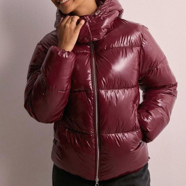 Women's Glossy Hooded Quilted Puffer Jacket Winter Coat - Red