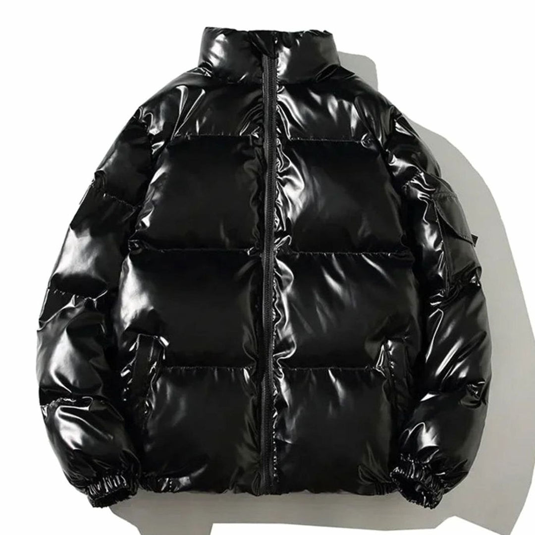 Women's Glossy Stand-Collar Quilted Puffer Jacket - Stand Collar Black