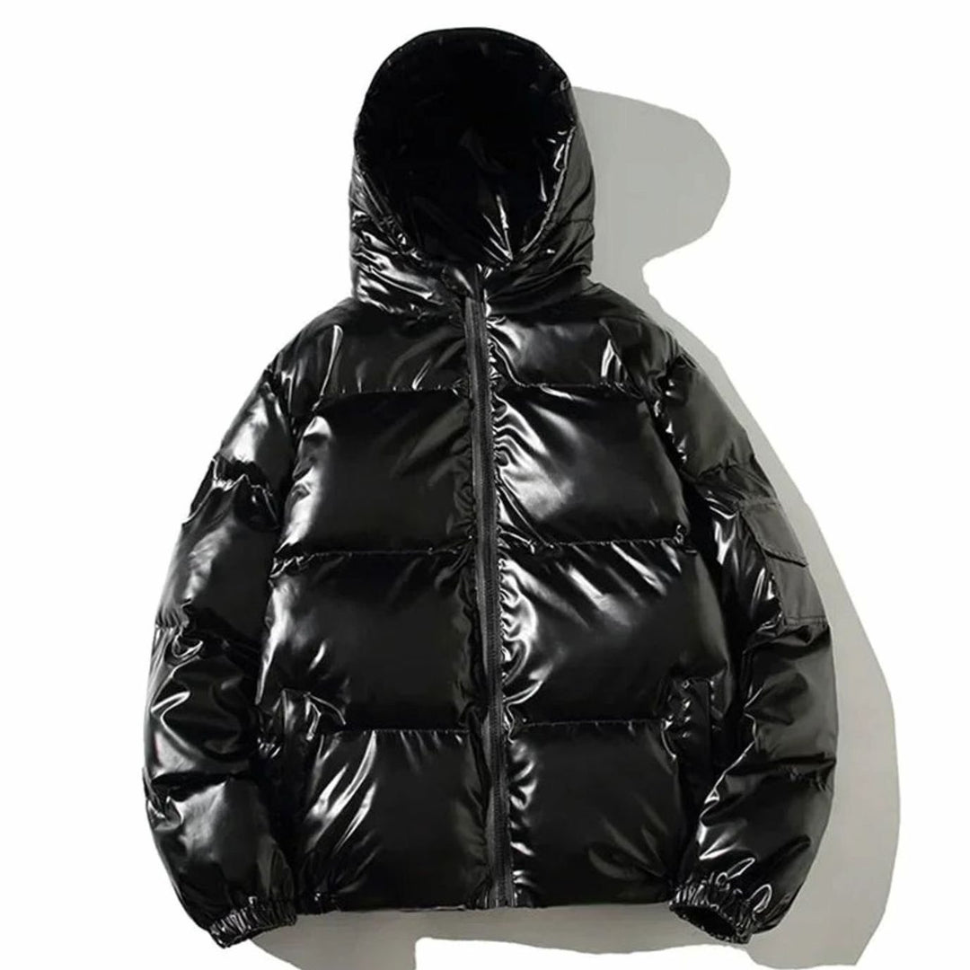 Women's Glossy Stand-Collar Quilted Puffer Jacket - Hooded Black