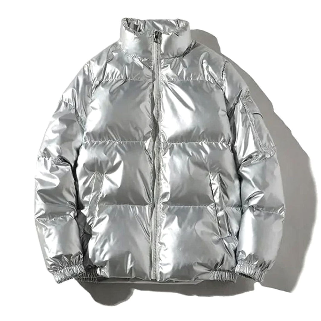 Women's Glossy Stand-Collar Quilted Puffer Jacket - Stand Collar Silver