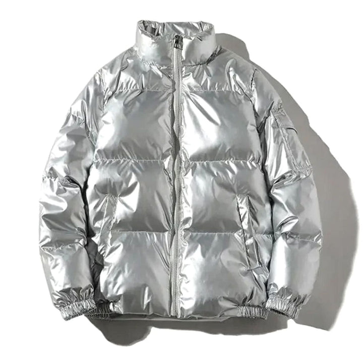 Women's Glossy Stand-Collar Quilted Puffer Jacket - Stand Collar Silver