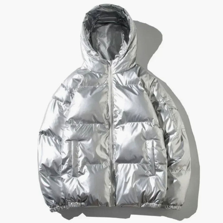 Women's Glossy Stand-Collar Quilted Puffer Jacket - Hooded Silver