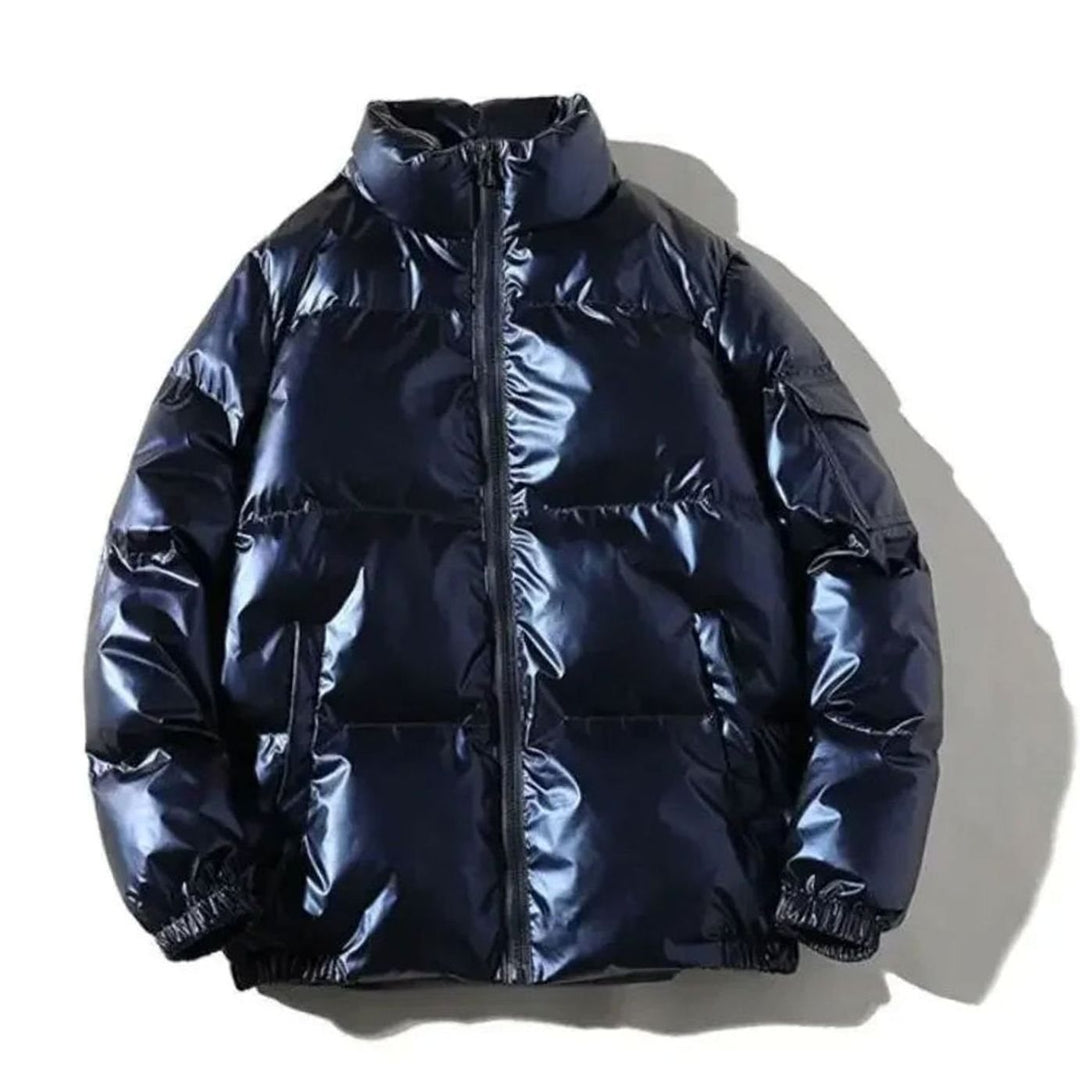 Women's Glossy Stand-Collar Quilted Puffer Jacket - Stand Collar Blue
