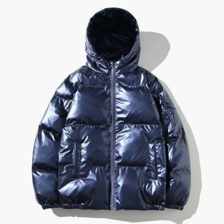 Women's Glossy Stand-Collar Quilted Puffer Jacket - Hooded Blue