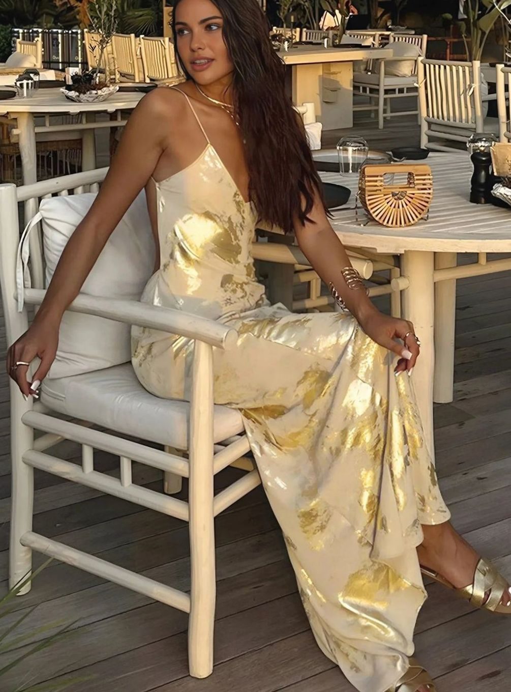 Women's Gold Floral Satin Slip Maxi Evening Gown