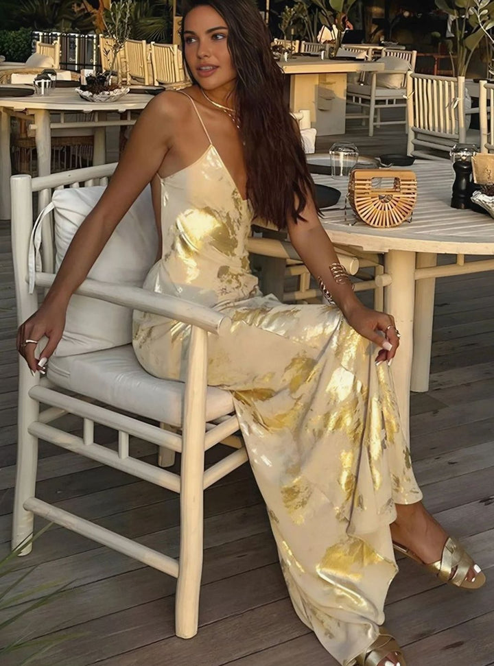 Women's Gold Floral Satin Slip Maxi Evening Gown - Gold