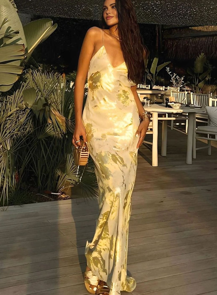Women's Gold Floral Satin Slip Maxi Evening Gown
