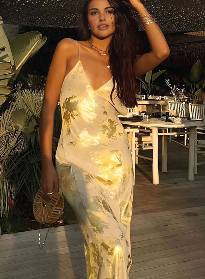 Women's Gold Floral Satin Slip Maxi Evening Gown