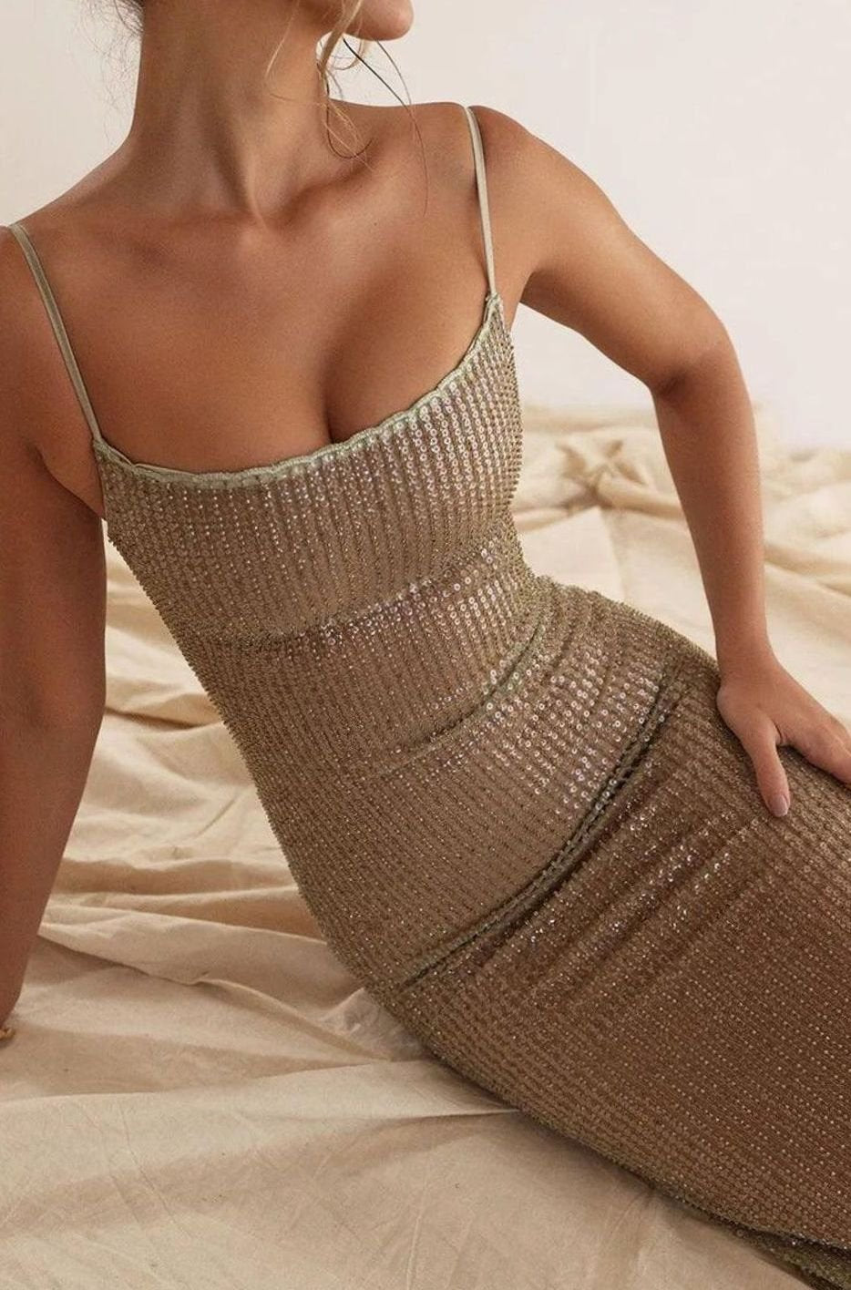 Women's Gold Glitter Spaghetti-Strap Maxi Christmas Party Dress - Apricot