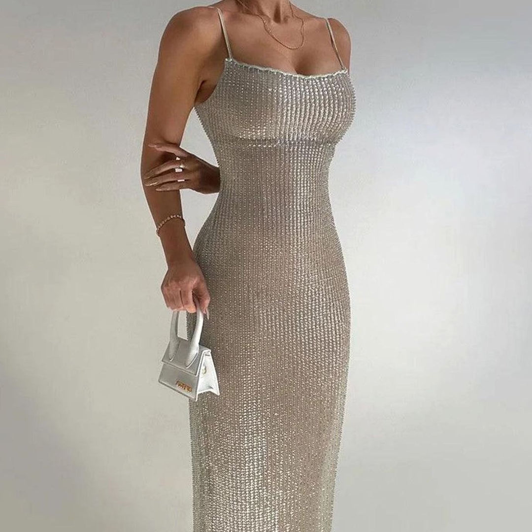Women's Gold Glitter Spaghetti-Strap Maxi Christmas Party Dress