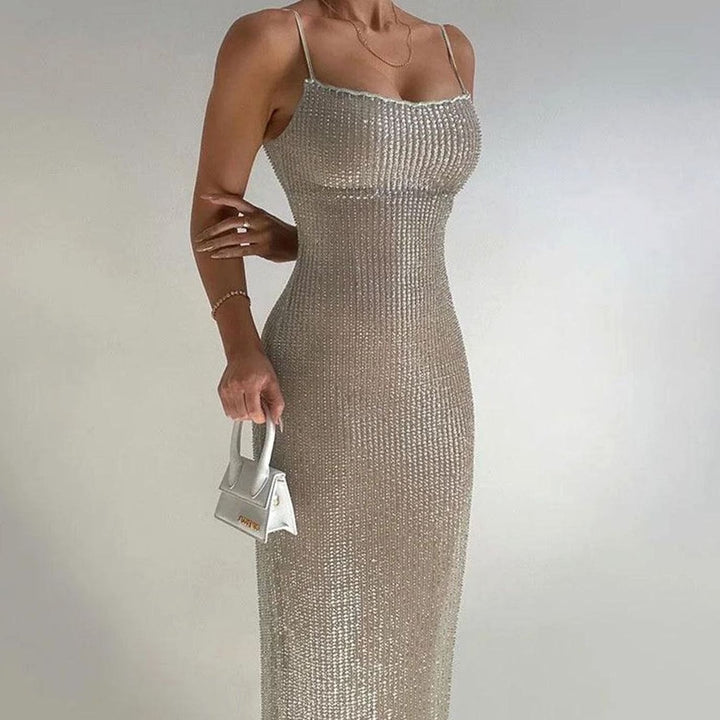 Women's Gold Glitter Spaghetti-Strap Maxi Christmas Party Dress