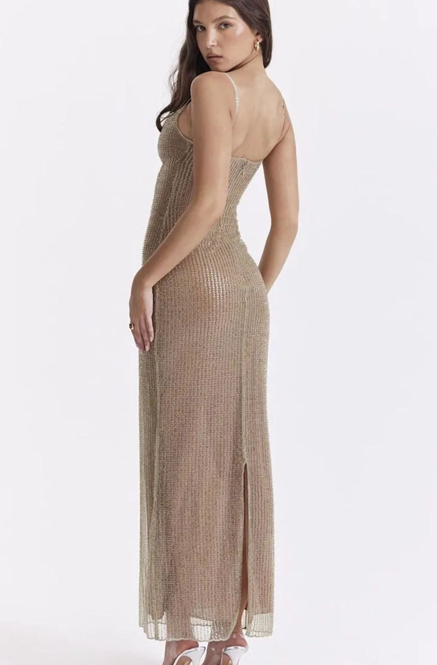 Women's Gold Glitter Spaghetti-Strap Maxi Christmas Party Dress