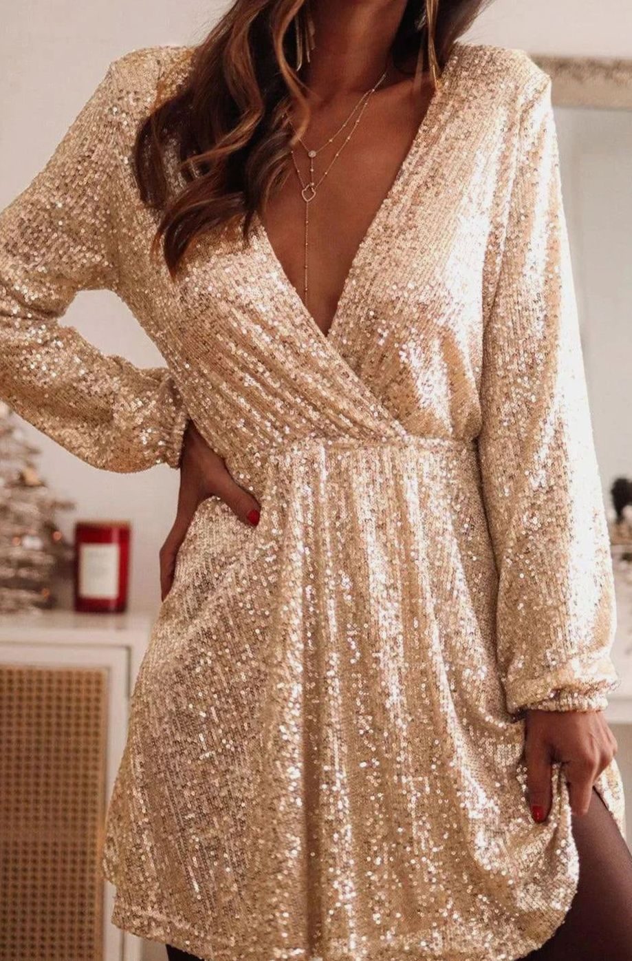 Women's Gold Sequin Long-Sleeve Wrap Mini Christmas Party Dress - Gold