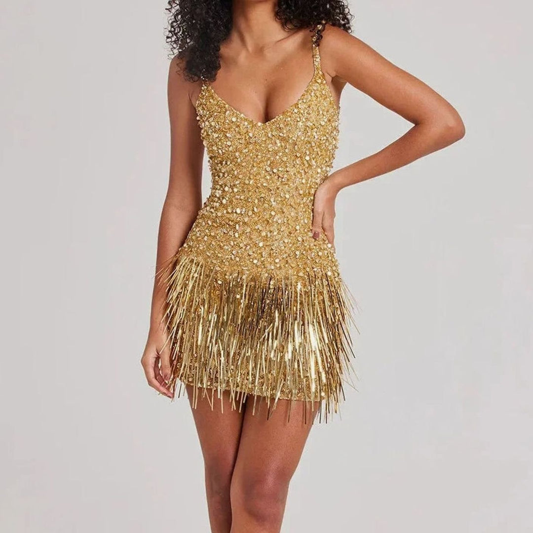 Women's Gold Sequin Mini Dress Spaghetti-Strap Fringe Party - Gold