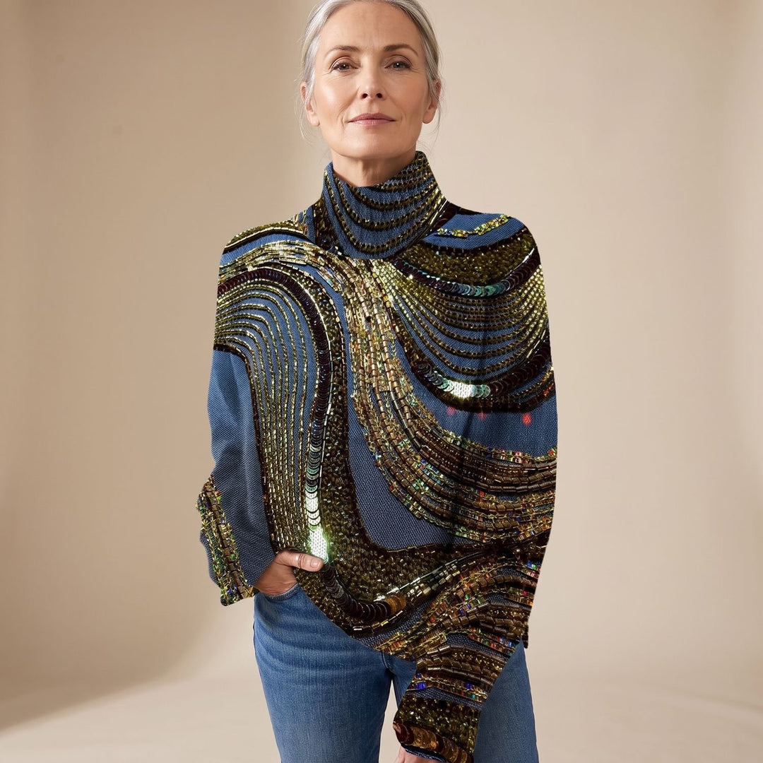 Women's Gold Sequin Turtleneck Long-Sleeve Sweater - Multicolor