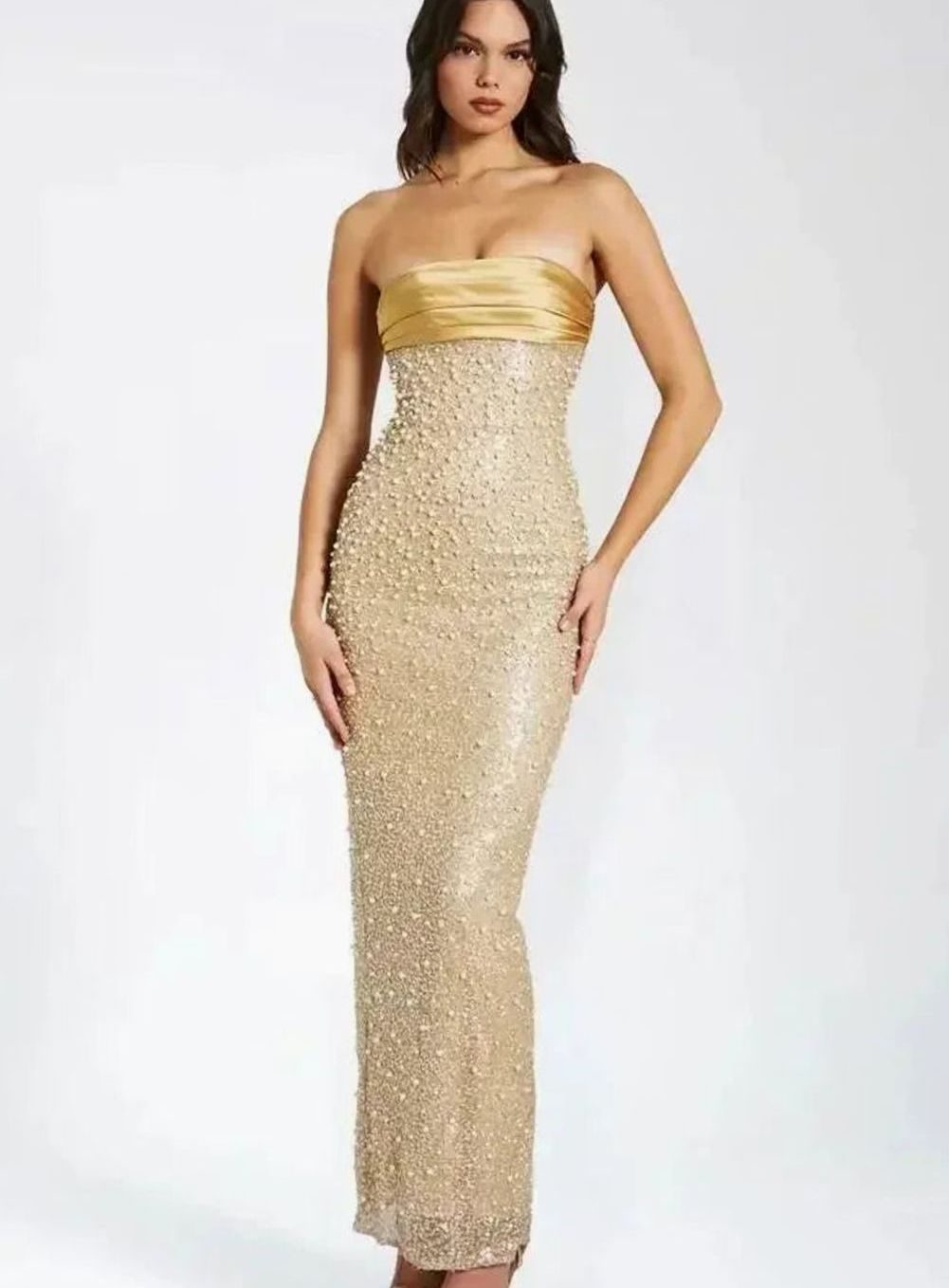 Women's Gold Strapless Sequin Maxi Dress Straight Neckline - Gold