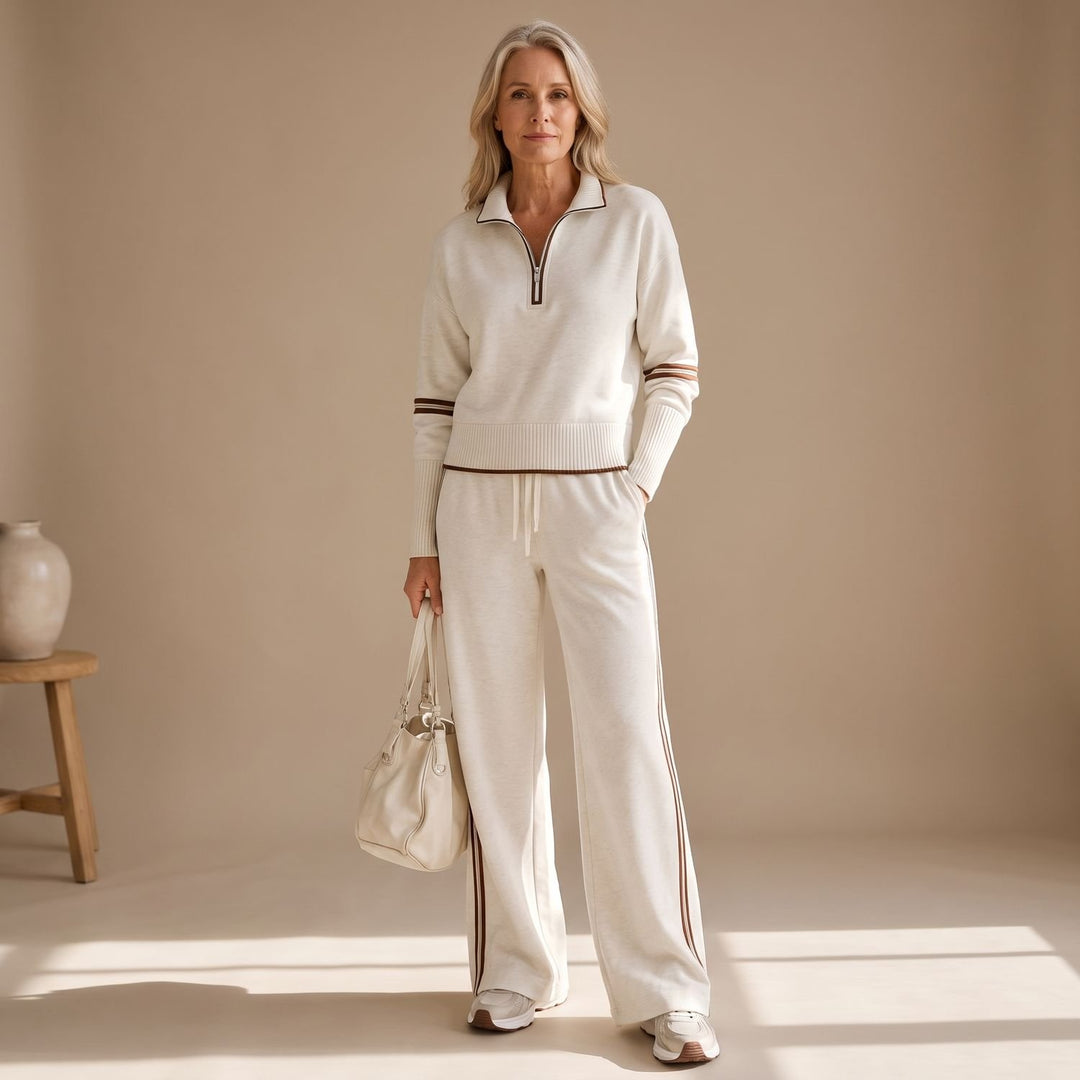 Women's Half-Zip Knit Set Wide-Leg Sweater Pants Two-Piece - White