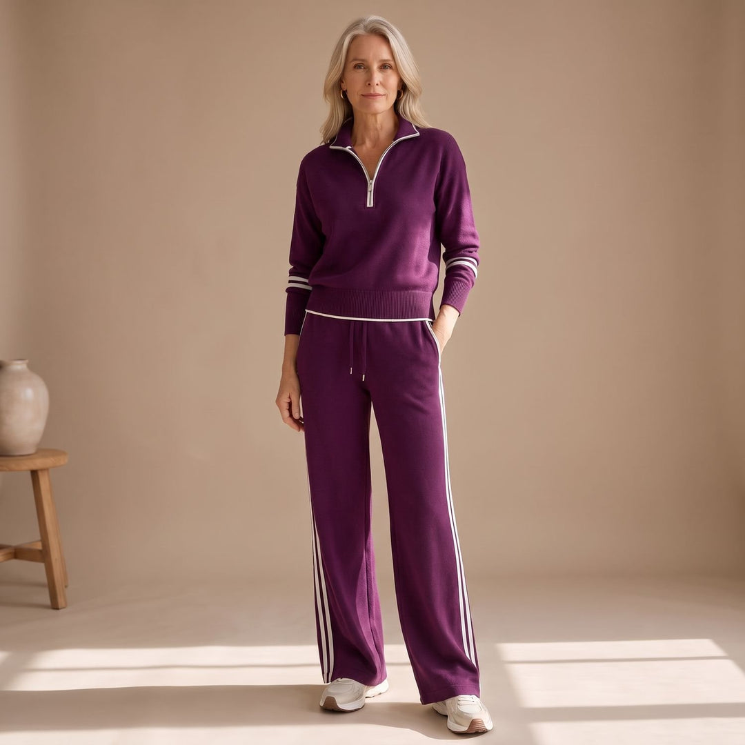 Women's Half-Zip Knit Set Wide-Leg Sweater Pants Two-Piece - Purple