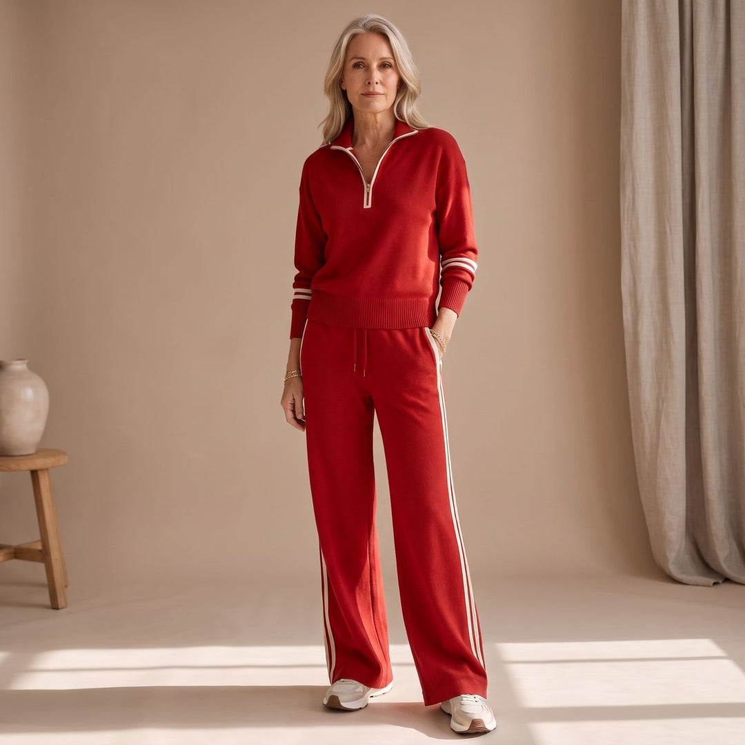 Women's Half-Zip Knit Set Wide-Leg Sweater Pants Two-Piece - Red