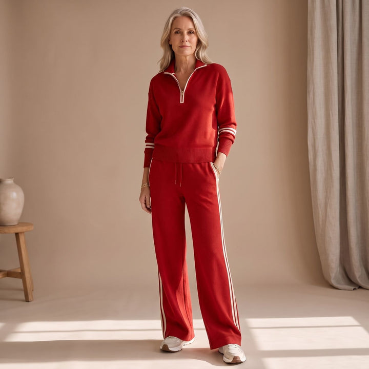 Women's Half-Zip Knit Set Wide-Leg Sweater Pants Two-Piece - Red