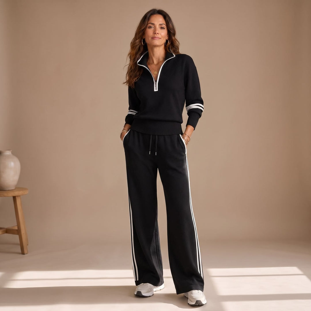 Women's Half-Zip Knit Set Wide-Leg Sweater Pants Two-Piece - Black
