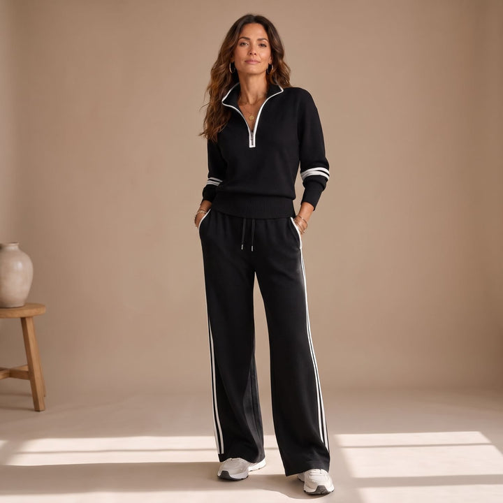 Women's Half-Zip Knit Set Wide-Leg Sweater Pants Two-Piece - Black