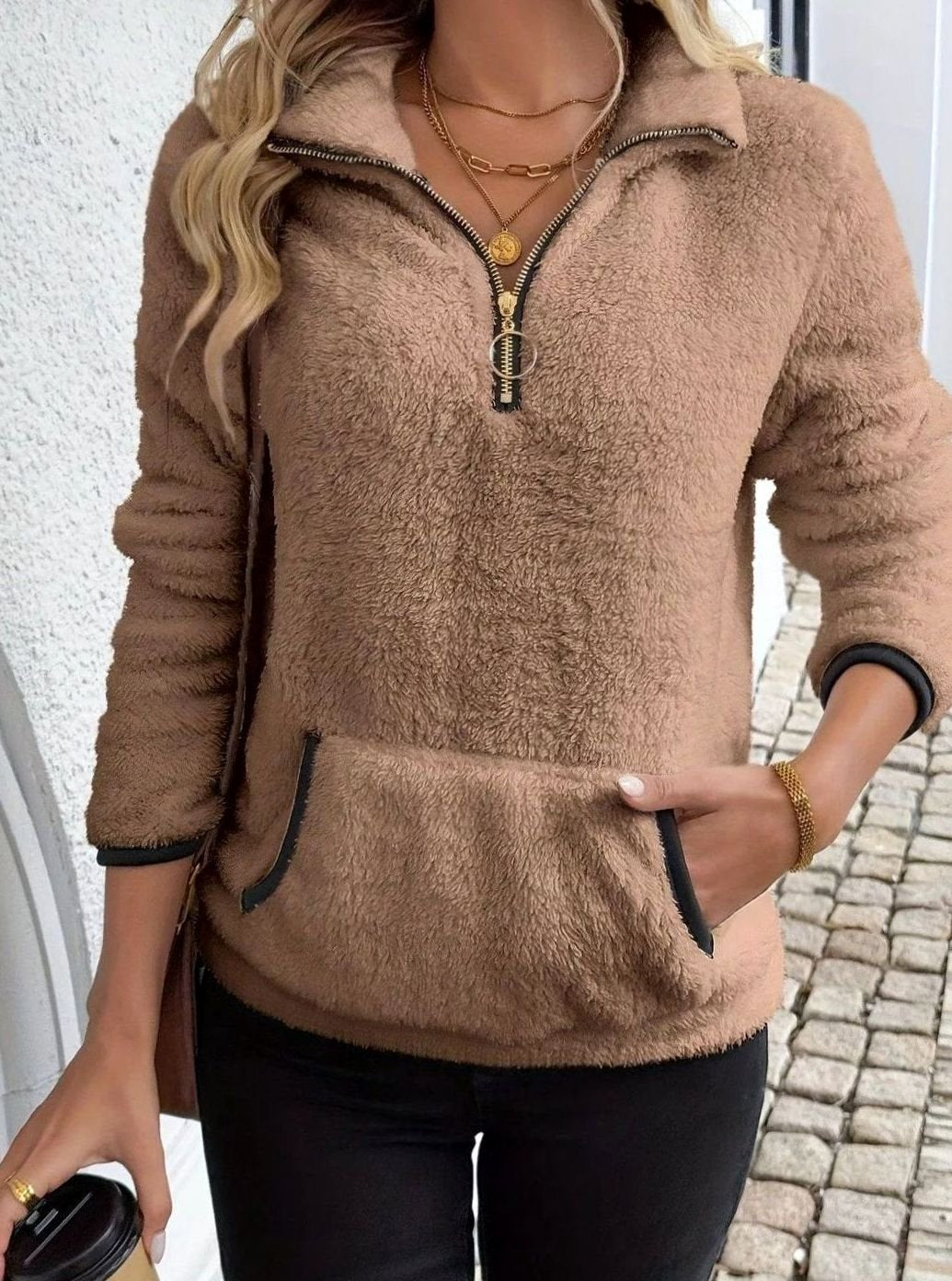 Women's Half-Zip Teddy Fleece Pullover Sweater Kangaroo Pocket - Brown