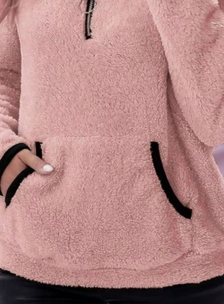 Women's Half-Zip Teddy Fleece Pullover Sweater Kangaroo Pocket