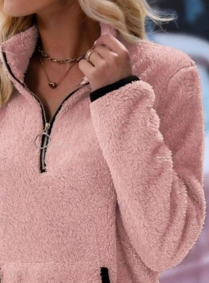 Women's Half-Zip Teddy Fleece Pullover Sweater Kangaroo Pocket